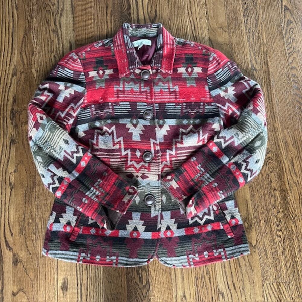 Coldwater Creek Aztec Tribal Southwestern Wool Blend Jacket Womens 8 Button Up